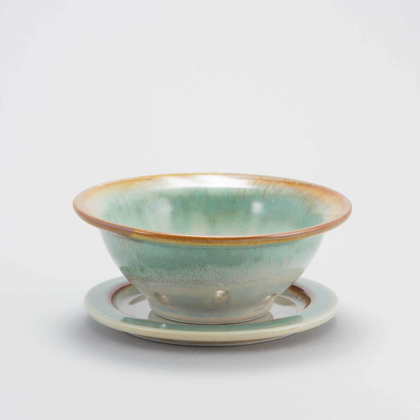 Handmade Pottery Berry Bowl with Plate in Ivory & Green pattern made by Georgetown Pottery in Maine
