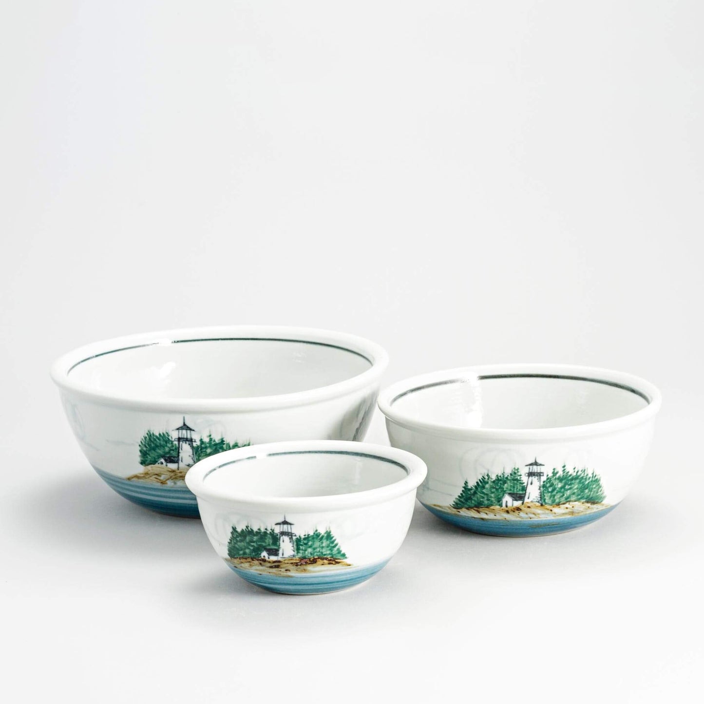 Handmade Pottery Mixing Bowl Set in Lighthouse pattern made by Georgetown Pottery in Maine