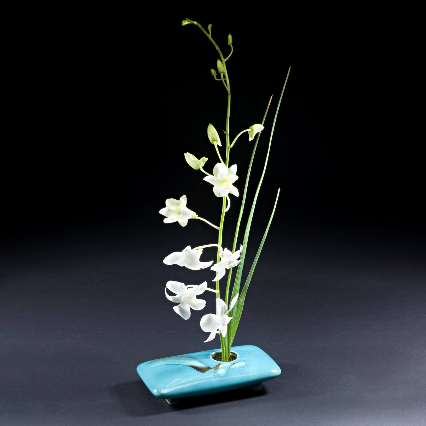 Rectangle Ikebana Flower Vase with Pin Frog in Jade Wave pattern