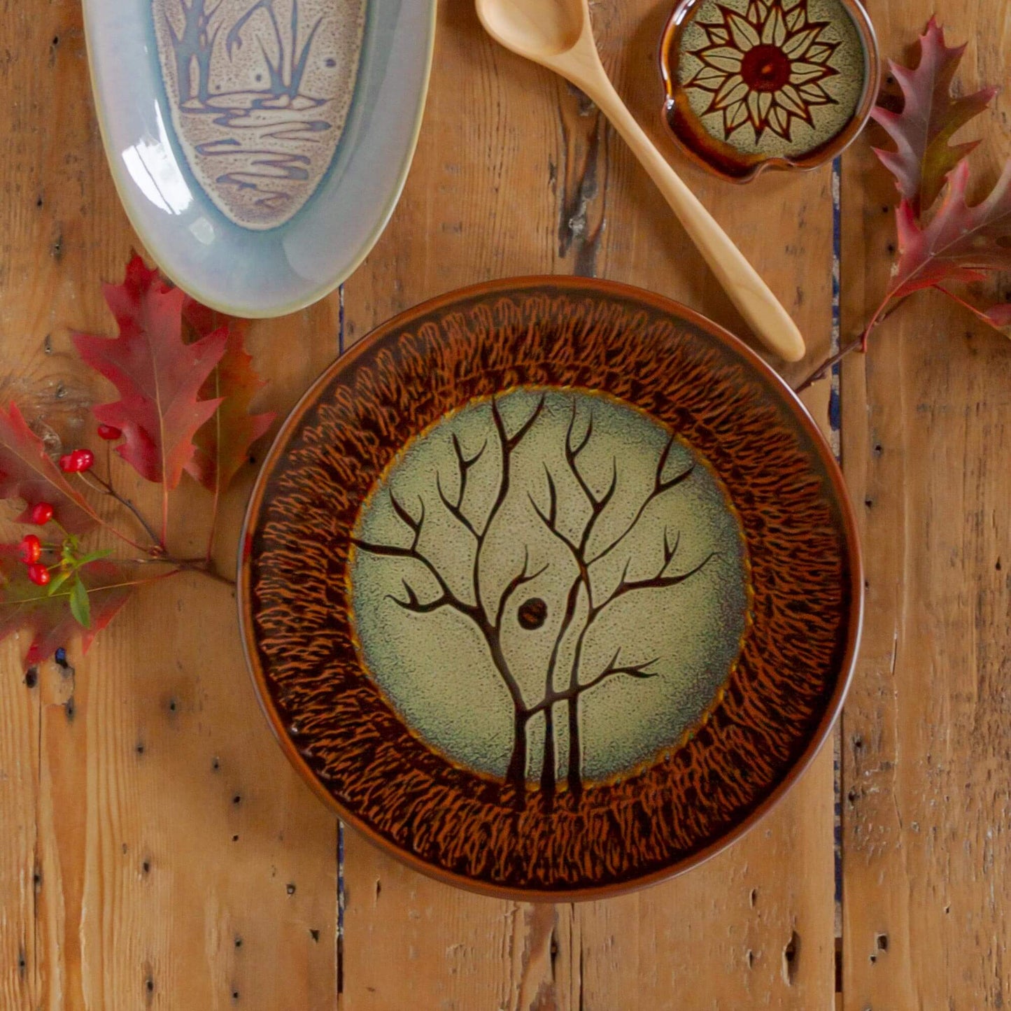 Handmade Pottery 14" Round Platter in Hamada Tree pattern made by Georgetown Pottery in Maine
