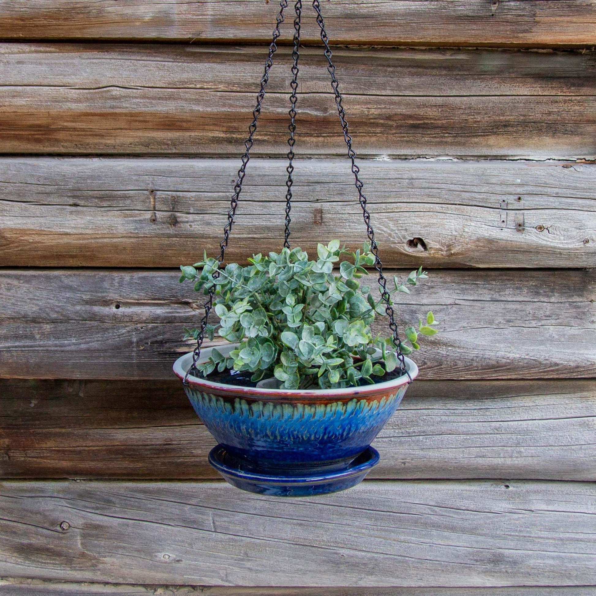 Handmade Pottery 9-1/2 Inch Hanging Planter in Blue Hamada pattern made by Georgetown Pottery in Maine