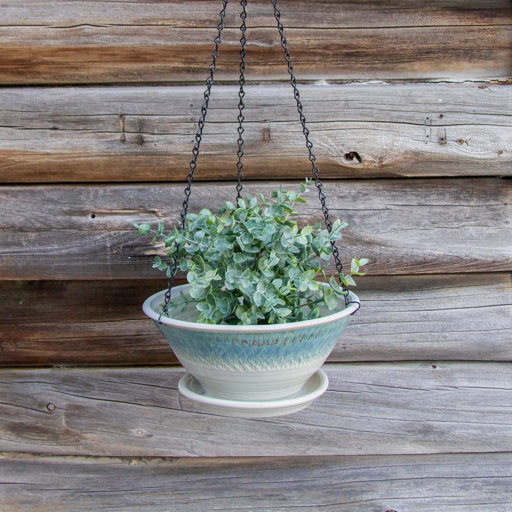 Handmade Pottery 9-1/2 Inch Hanging Planter in Ivory & Blue pattern made by Georgetown Pottery in Maine
