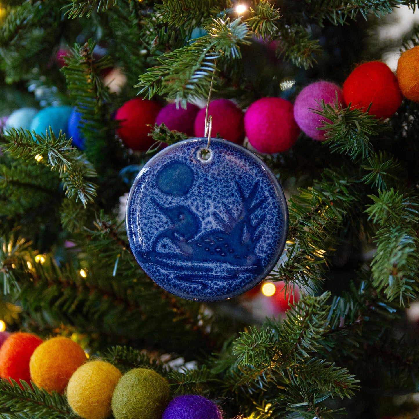 Handmade Pottery Blue Loon Christmas Ornament