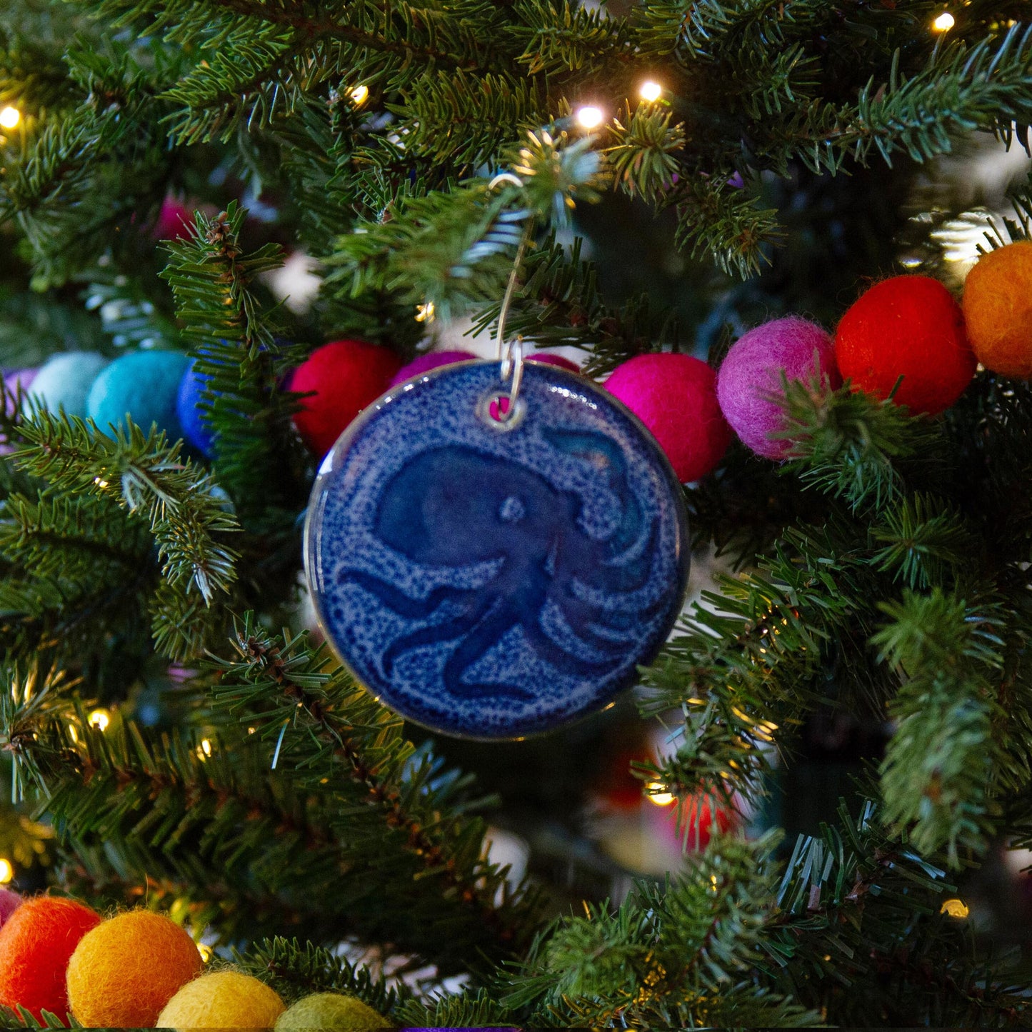 Handmade Pottery Blue Octopus Christmas Ornament