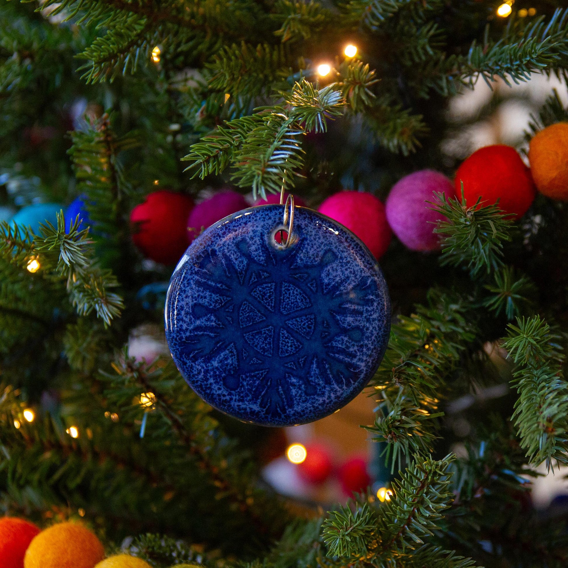 Handmade Pottery Blue Snowflake Christmas Ornament