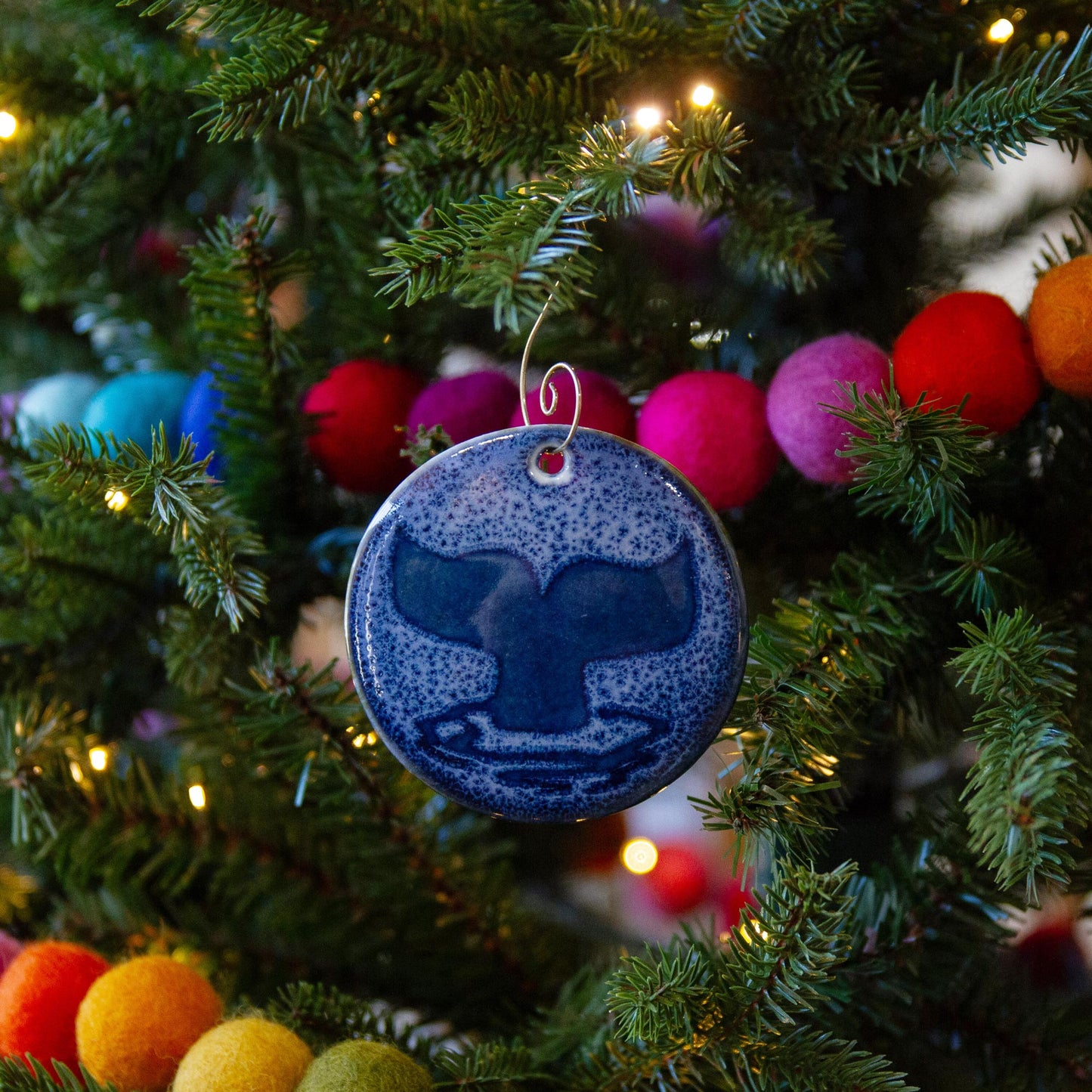 Handmade Pottery Blue Whale Tail Christmas Ornament