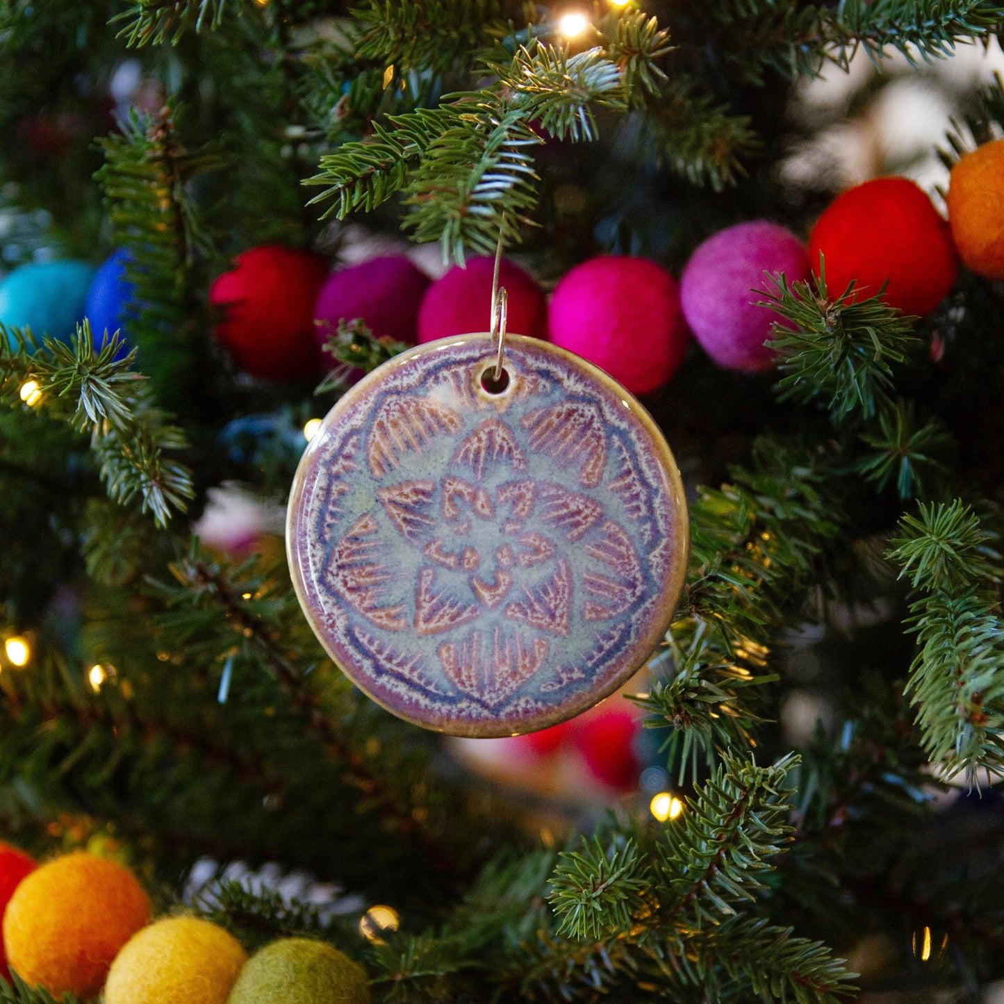 Handmade Pottery Purple Celtic Flower Christmas Ornament