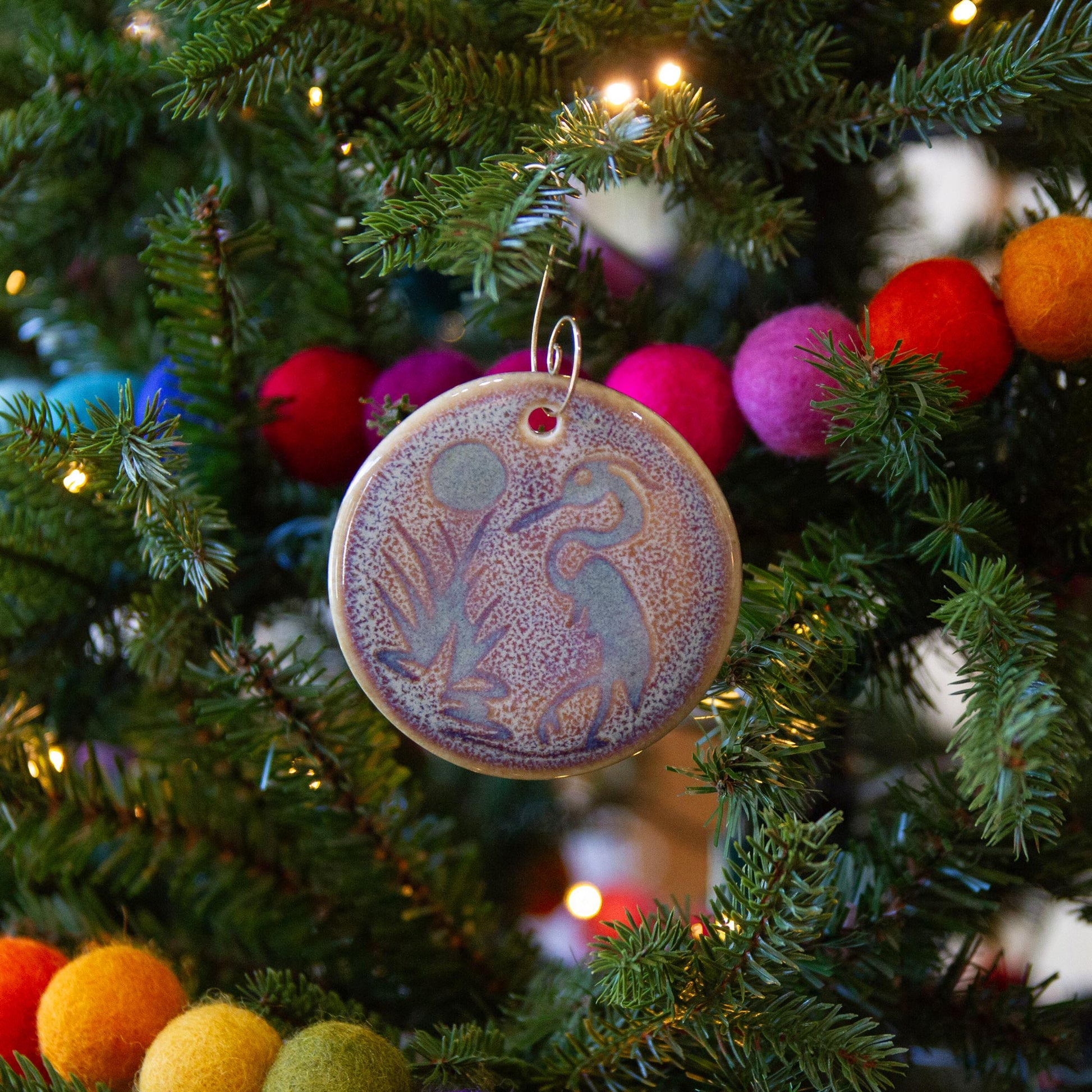 Handmade Pottery Purple Heron Christmas Ornament