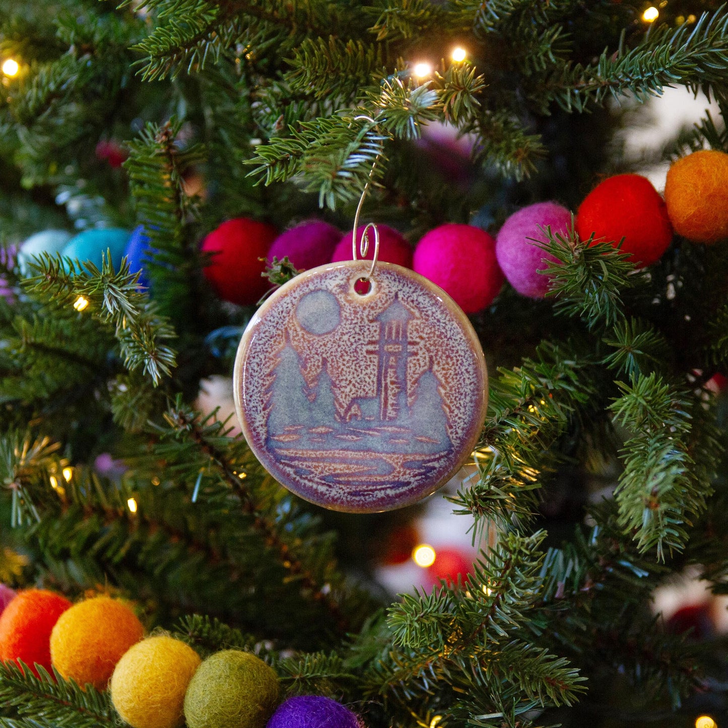 Handmade Pottery Purple Lighthouse Christmas Ornament