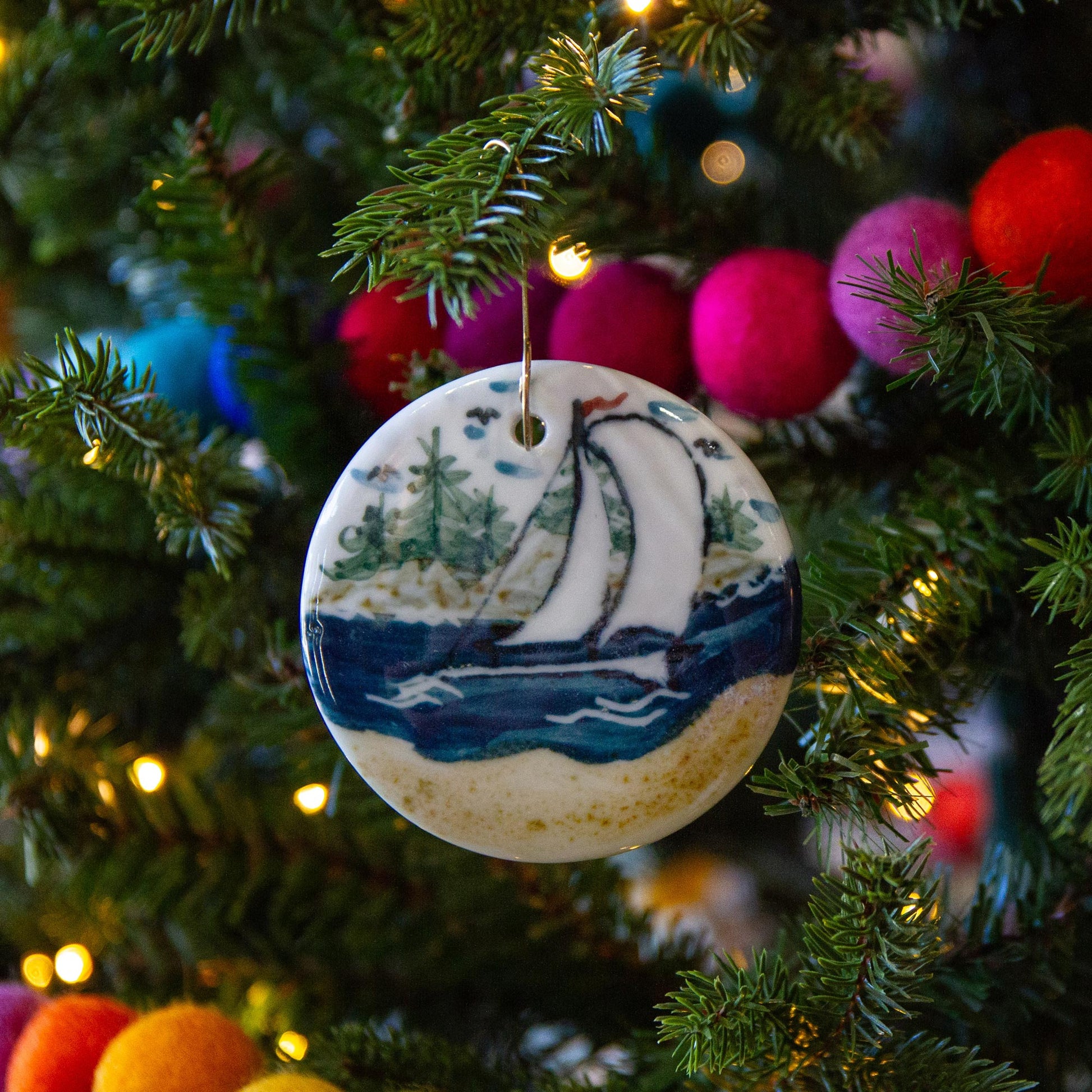 Handmade Pottery Sailboat Christmas Ornament