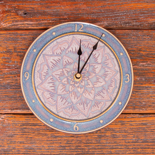 Handmade Pottery Large Clock w/ Stand in Purple Celtic Flower pattern made by Georgetown Pottery in Maine