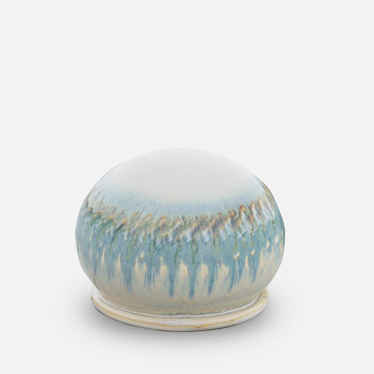 Handmade Pottery Salty Ball in Ivory and Blue Oribe pattern made by Georgetown Pottery in Maine
