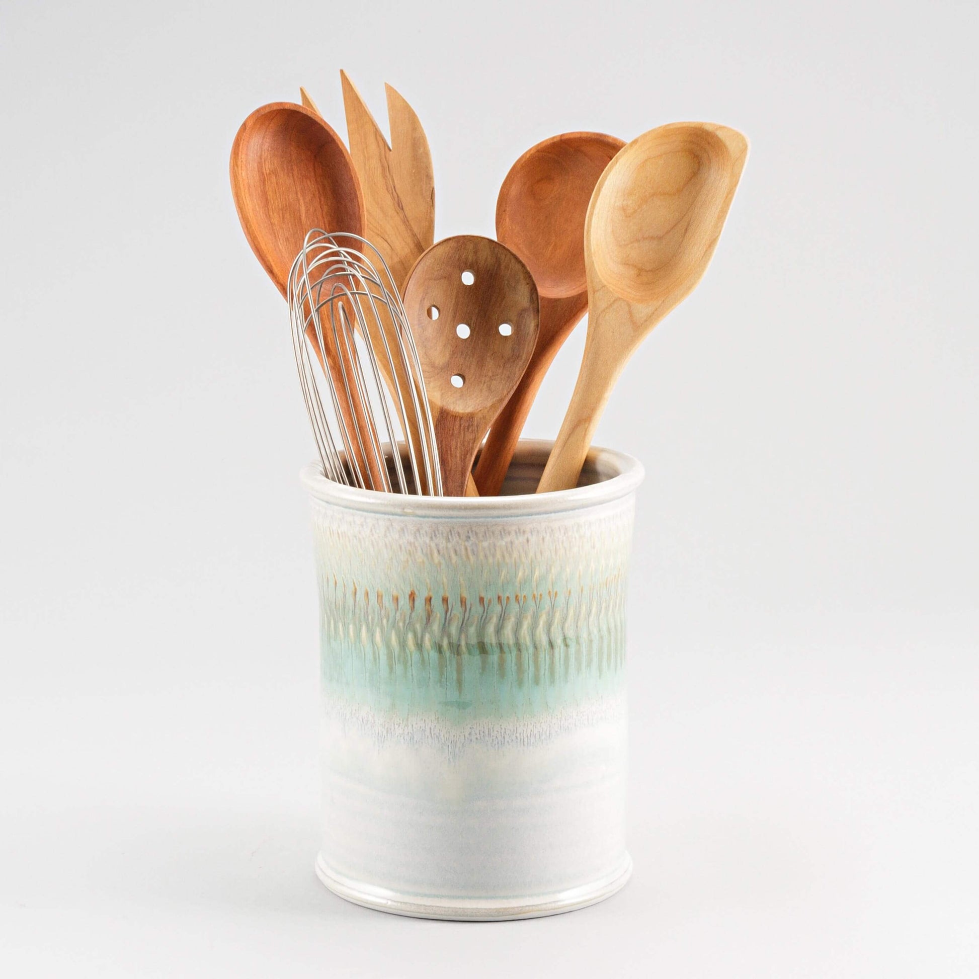 Handmade Pottery Utensil Holder in Ivory & Green pattern made by Georgetown Pottery in Maine