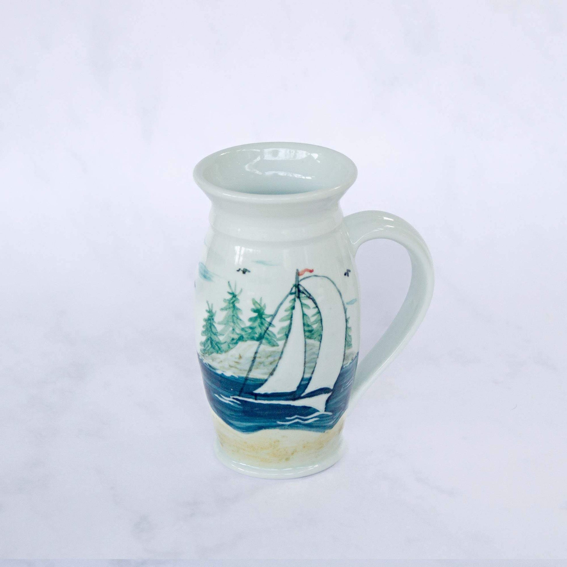 Handmade Pottery Beer Stein in Sailboat pattern made by Georgetown Pottery in Maine