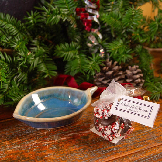 Pairing: Blue Oribe Leaf Dish & Maine-Made  Mini Peppermint Bark