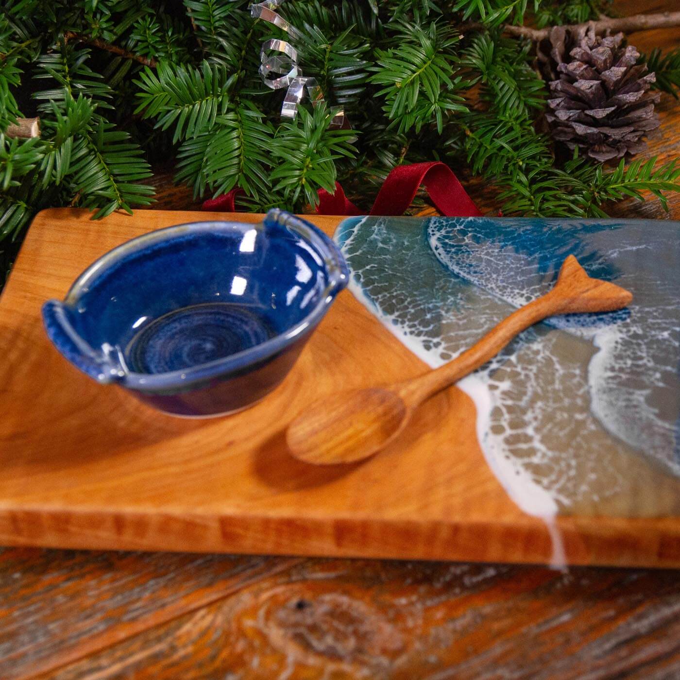 Pairing: Epoxy Wave Serving Board & 1 Blue Handled Ramekin & 1 Whale Tail Spoon