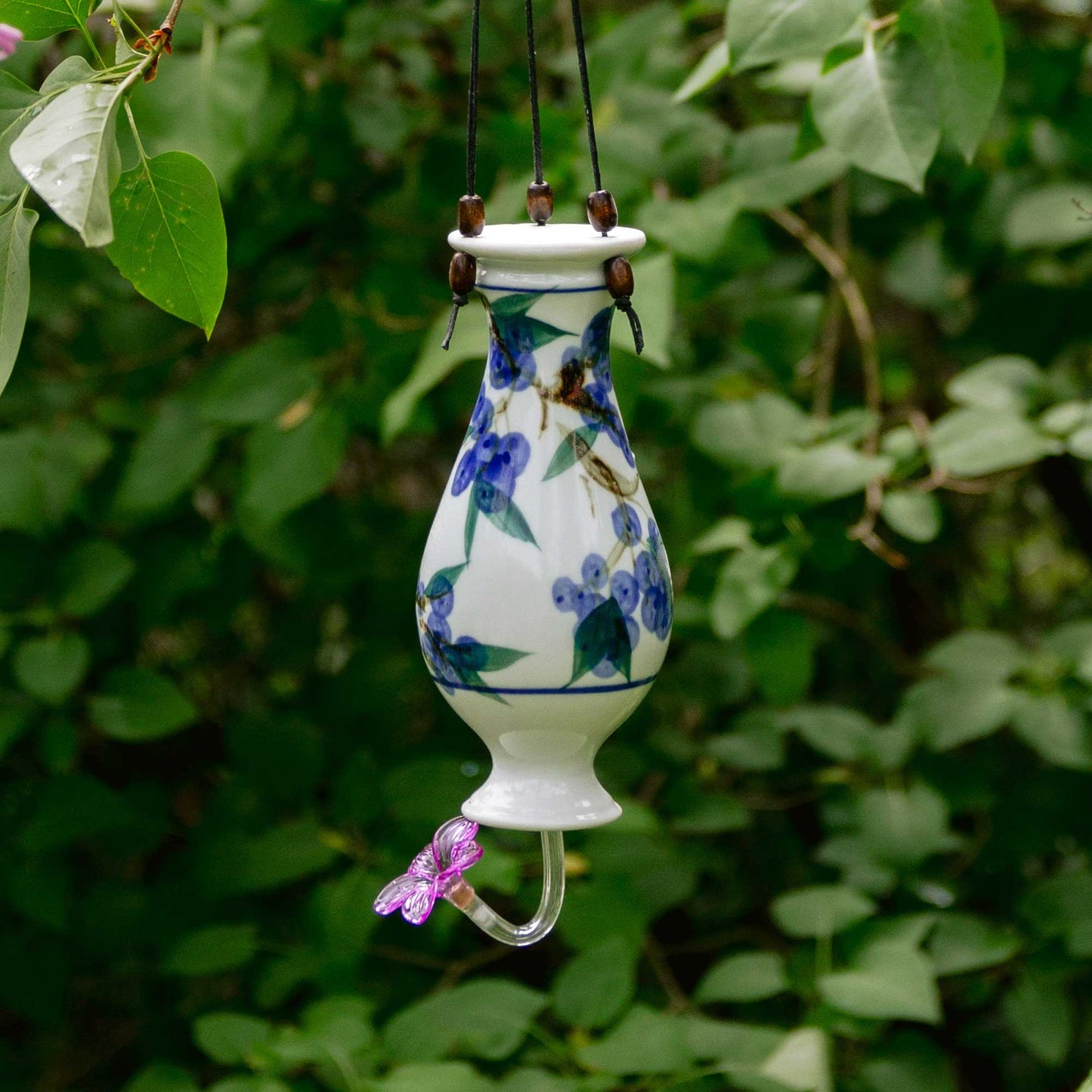 Handmade Pottery Bottle Hummingbird Feeder in Blueberry pattern made by Georgetown Pottery in Maine