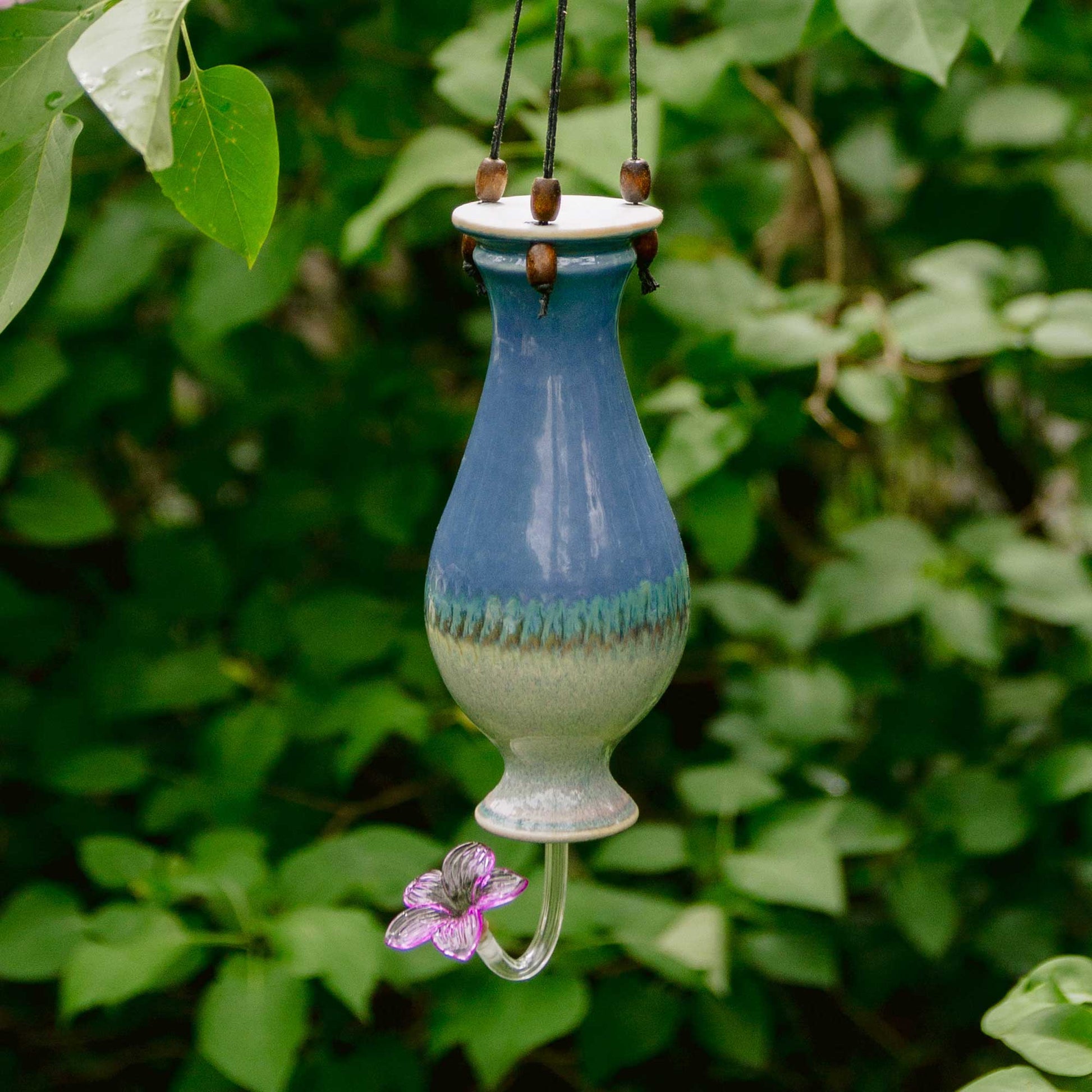 Handmade Pottery Bottle Hummingbird Feeder in Blue Oribe  pattern made by Georgetown Pottery in Maine