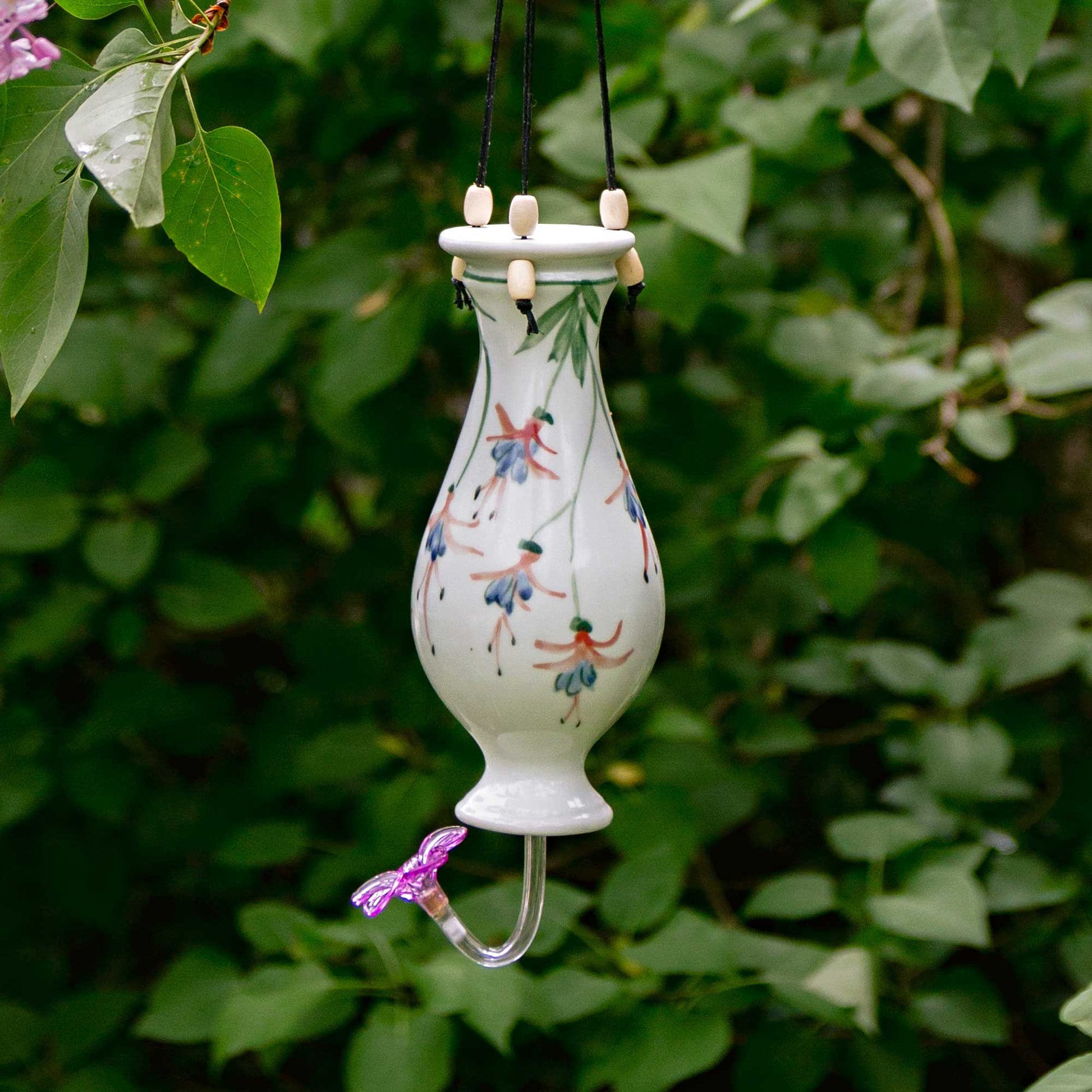 Handmade Pottery Bottle Hummingbird Feeder in Fuschia pattern made by Georgetown Pottery in Maine