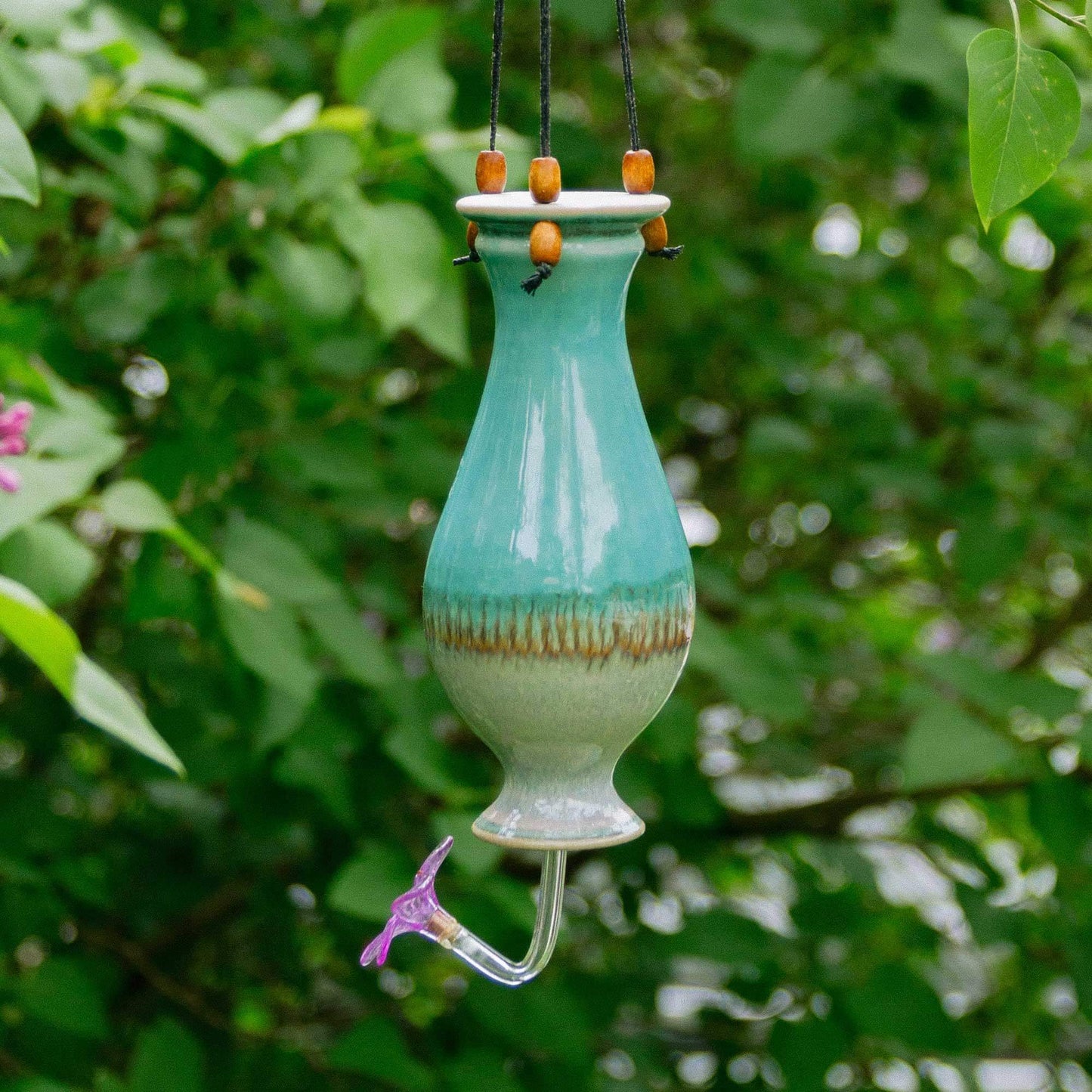 Handmade Pottery Bottle Hummingbird Feeder in Green Oribe pattern made by Georgetown Pottery in Maine