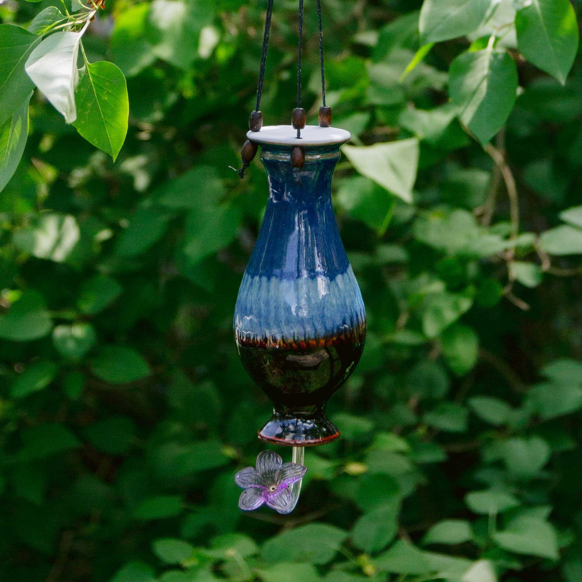 Handmade Pottery Bottle Hummingbird Feeder in Blue Hamada pattern made by Georgetown Pottery in Maine