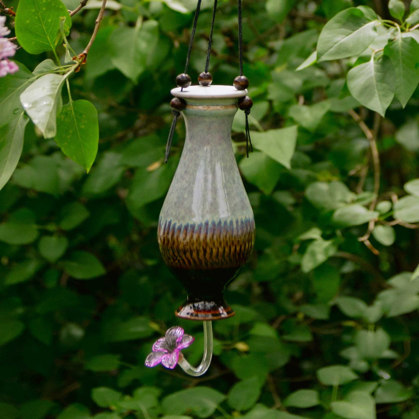Handmade Pottery Bottle Hummingbird Feeder in Purple Hamada pattern made by Georgetown Pottery in Maine