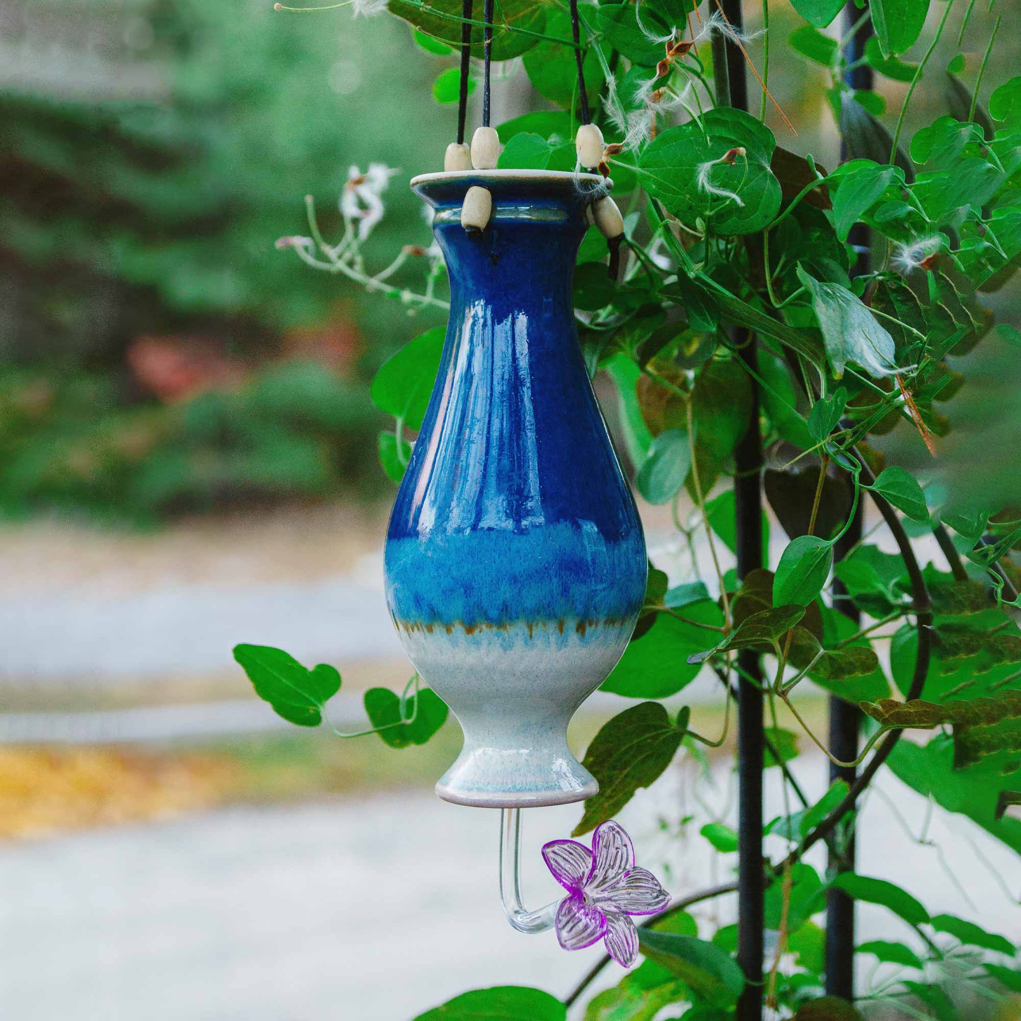 Handmade Blue Ceramic Flower Bird Feeder buy