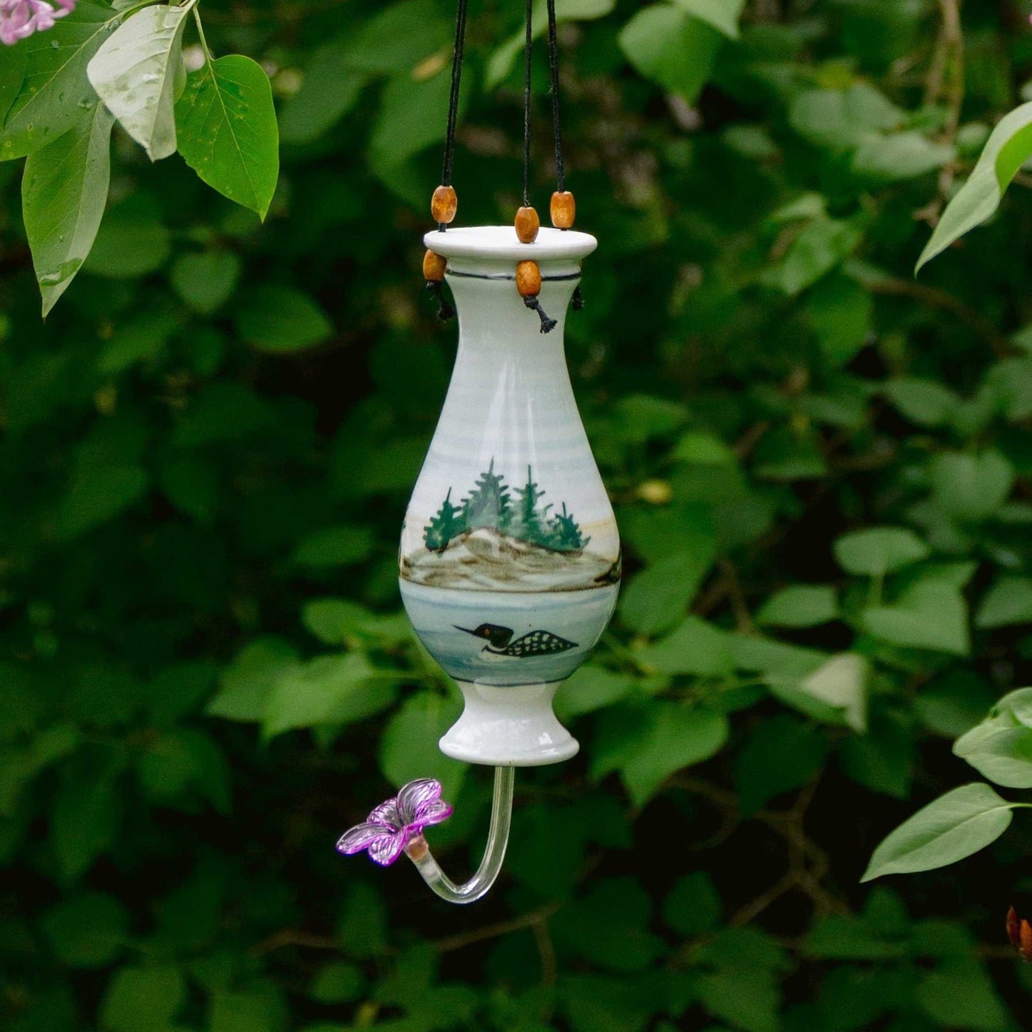 Handmade Pottery Bottle Hummingbird Feeder in Loon pattern made by Georgetown Pottery in Maine