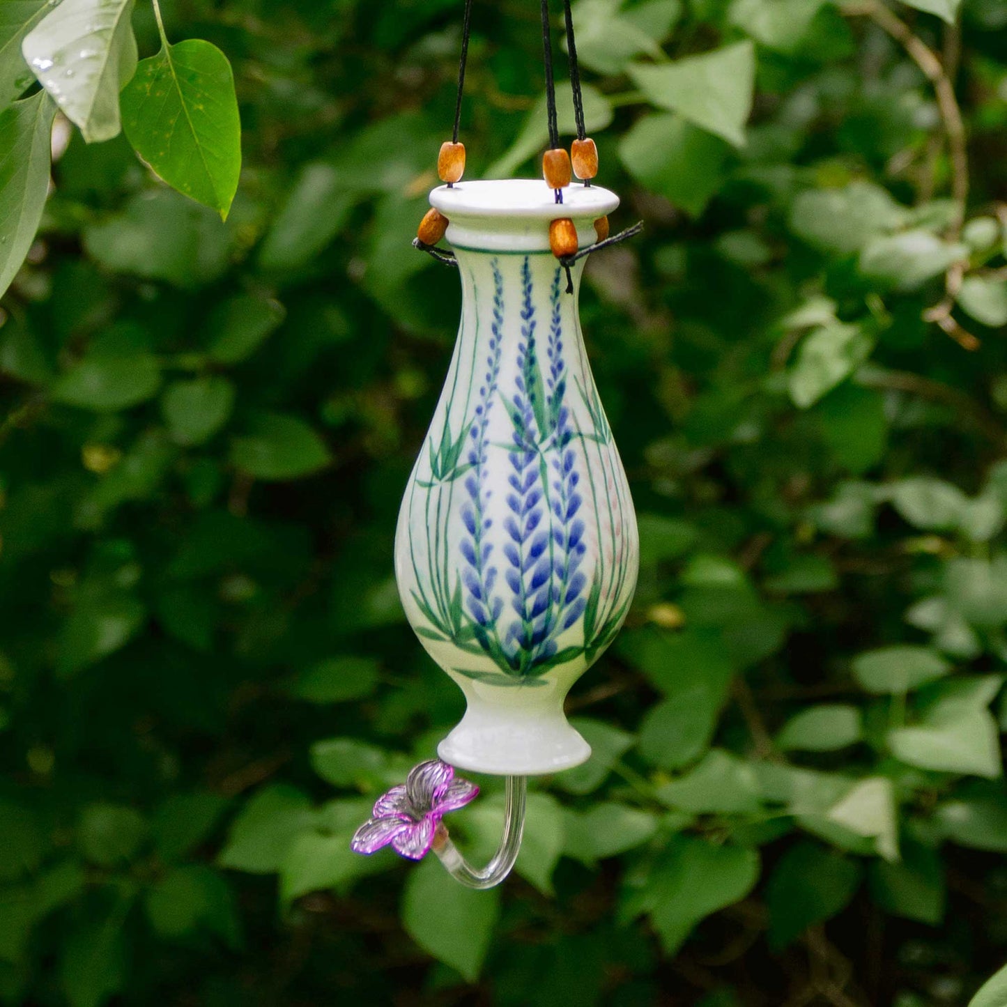 Handmade Pottery Bottle Hummingbird Feeder in Lupine pattern made by Georgetown Pottery in Maine