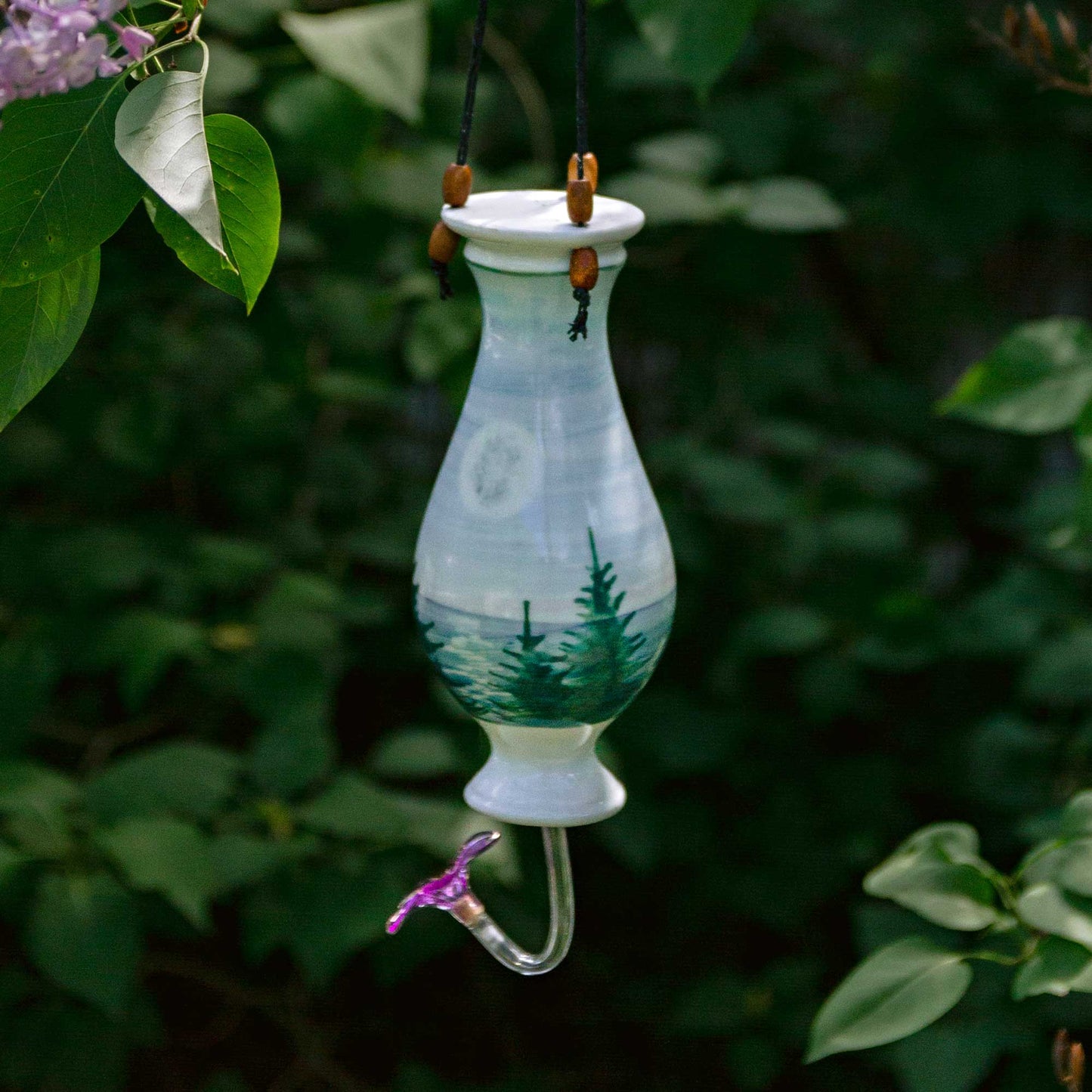 Handmade Pottery Bottle Hummingbird Feeder in Moon pattern made by Georgetown Pottery in Maine