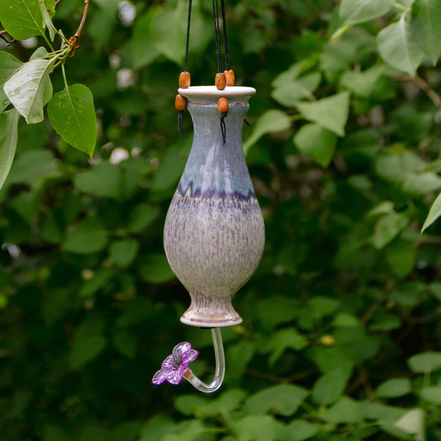 Handmade Pottery Bottle Hummingbird Feeder in Purple Nuka pattern made by Georgetown Pottery in Maine