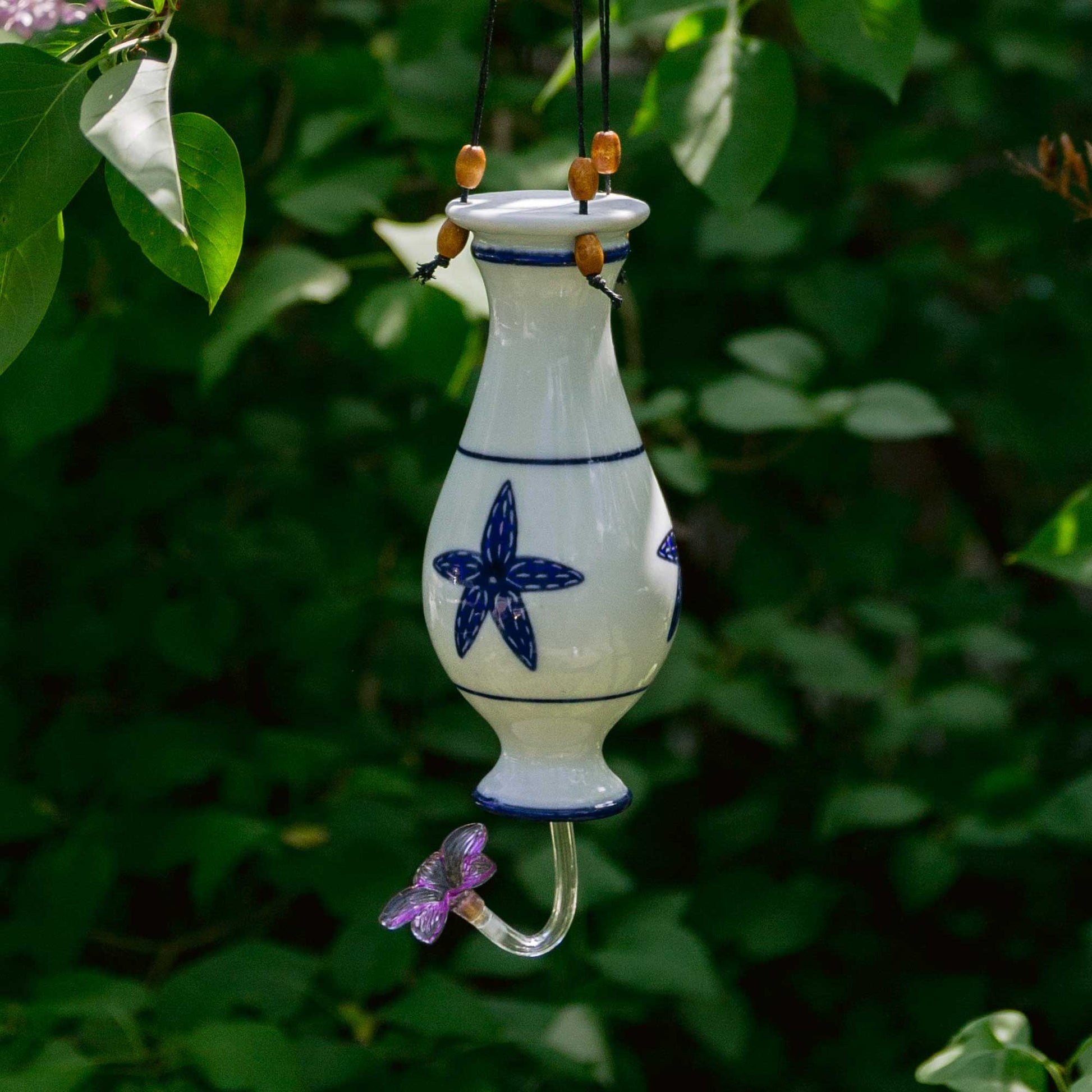 Handmade Pottery Bottle Hummingbird Feeder in Starfish pattern made by Georgetown Pottery in Maine