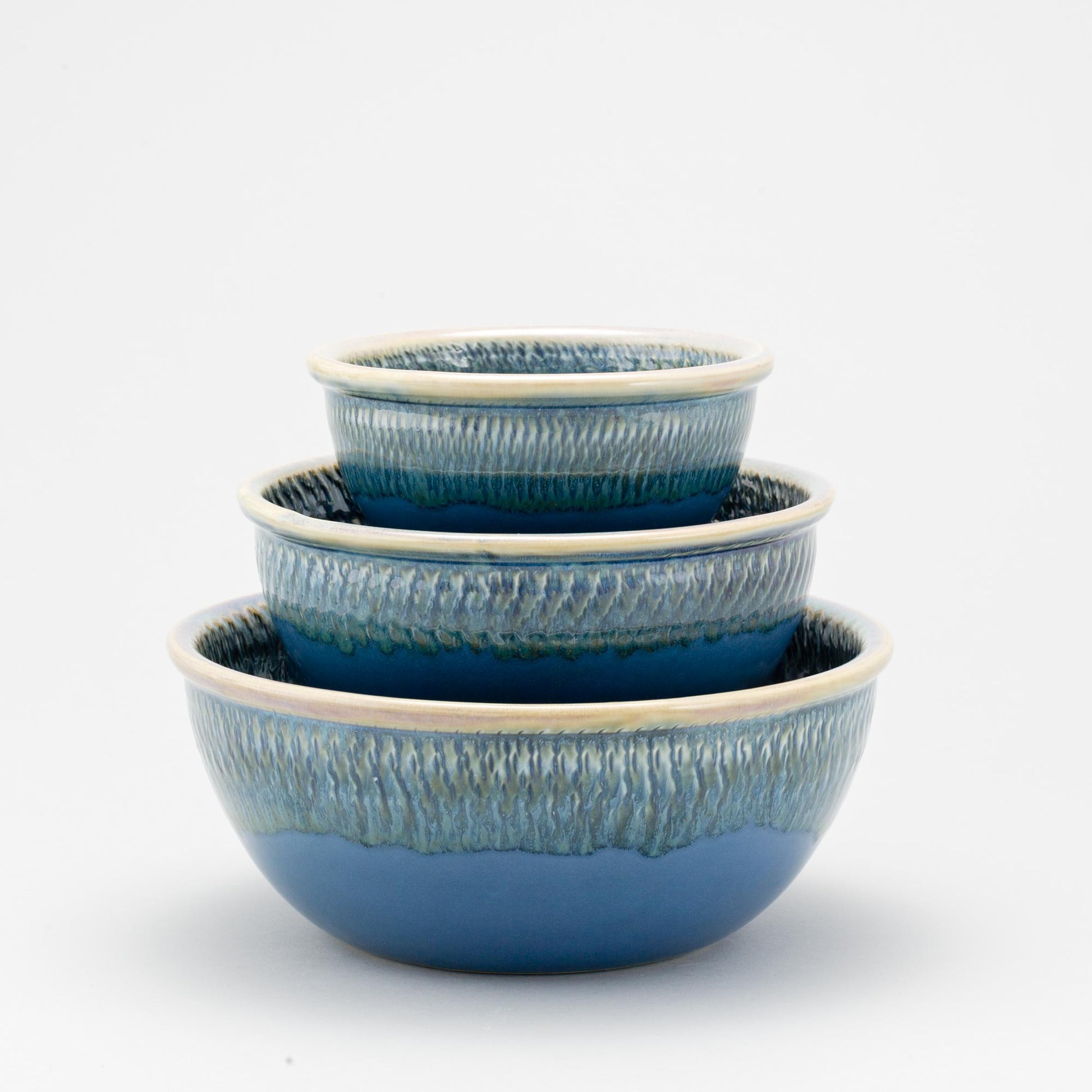 Handmade Pottery Mixing Bowl Set in Blue Oribe pattern made by Georgetown Pottery in Maine