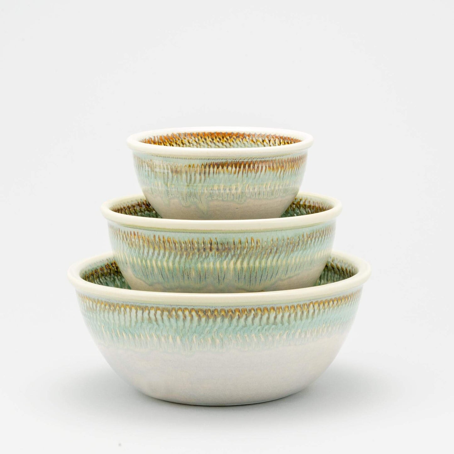 Handmade Pottery Mixing Bowl Set in Ivory & Green Oribe pattern made by Georgetown Pottery in Maine