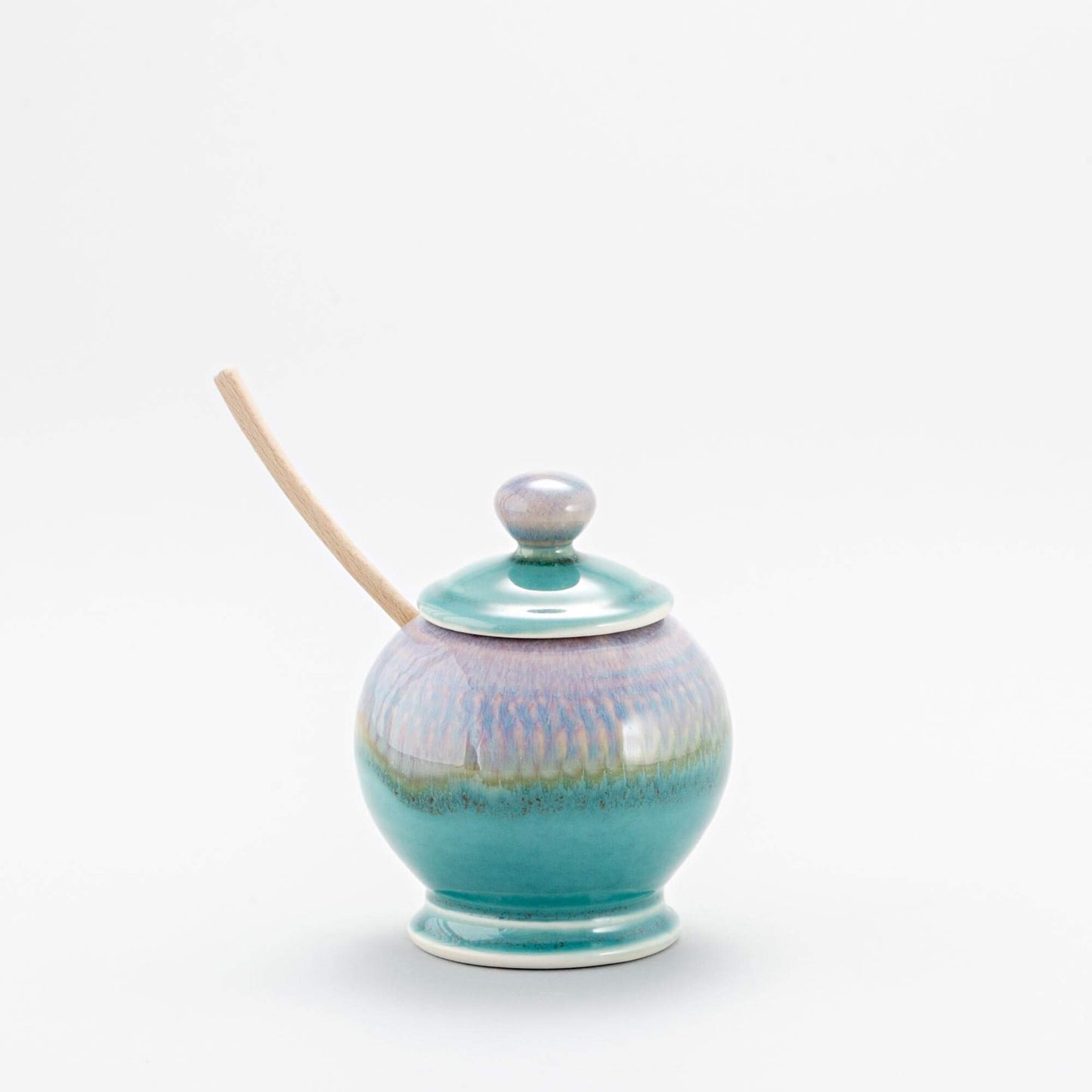 Handmade Pottery Sugar Jar in Green Oribe pattern made by Georgetown Pottery in Maine