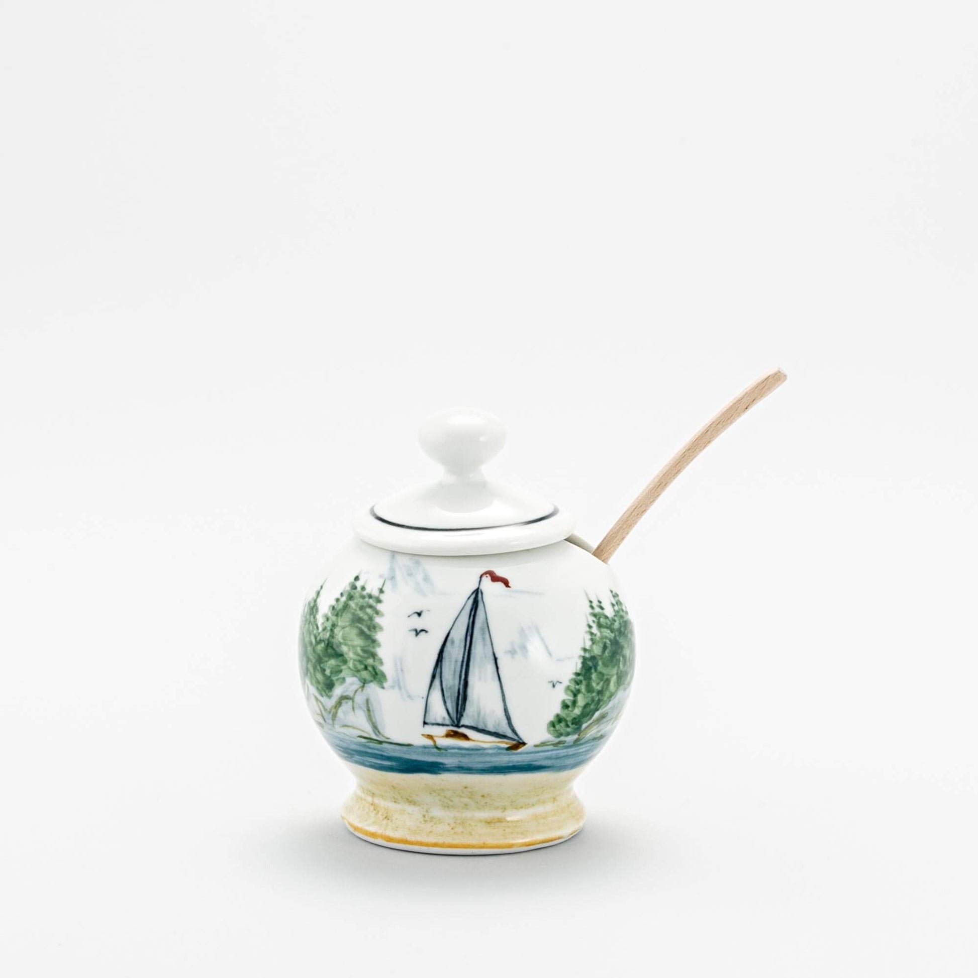 Handmade Pottery Sugar Jar in Sailboat pattern made by Georgetown Pottery in Maine