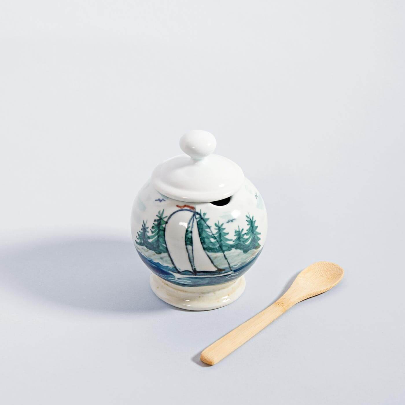 Handmade Pottery Sugar Jar in Sailboat pattern made by Georgetown Pottery in Maine