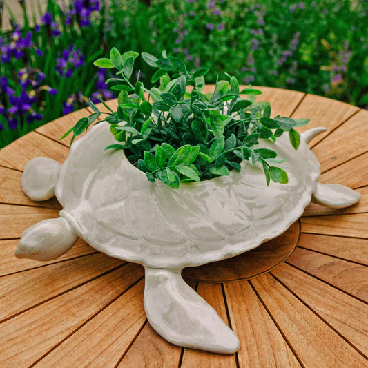 Handmade Pottery Turtle Sculpture Planter in Ivory glaze made by Georgetown Pottery in Maine