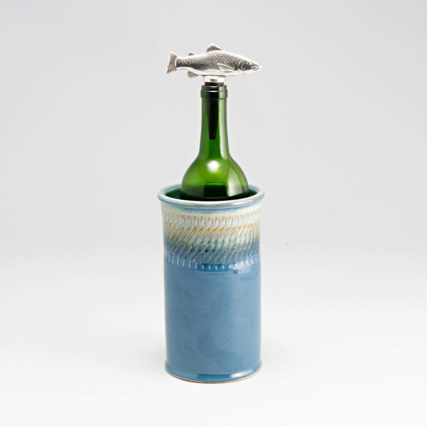 Handmade Pottery Wine Chiller in Blue Oribe pattern made by Georgetown Pottery in Maine
