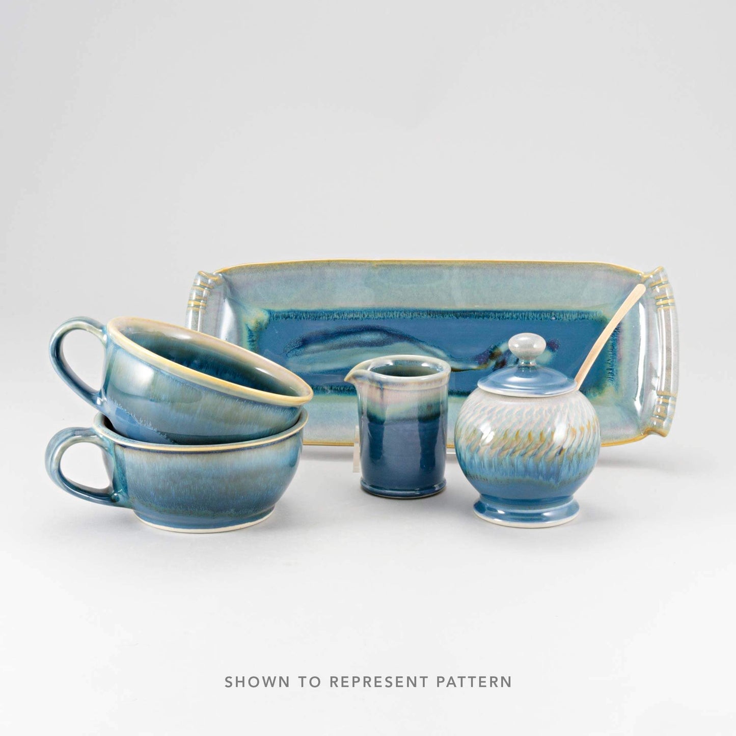 Handmade Pottery Handled Ramekin in Blue Oribe pattern made by Georgetown Pottery in Maine