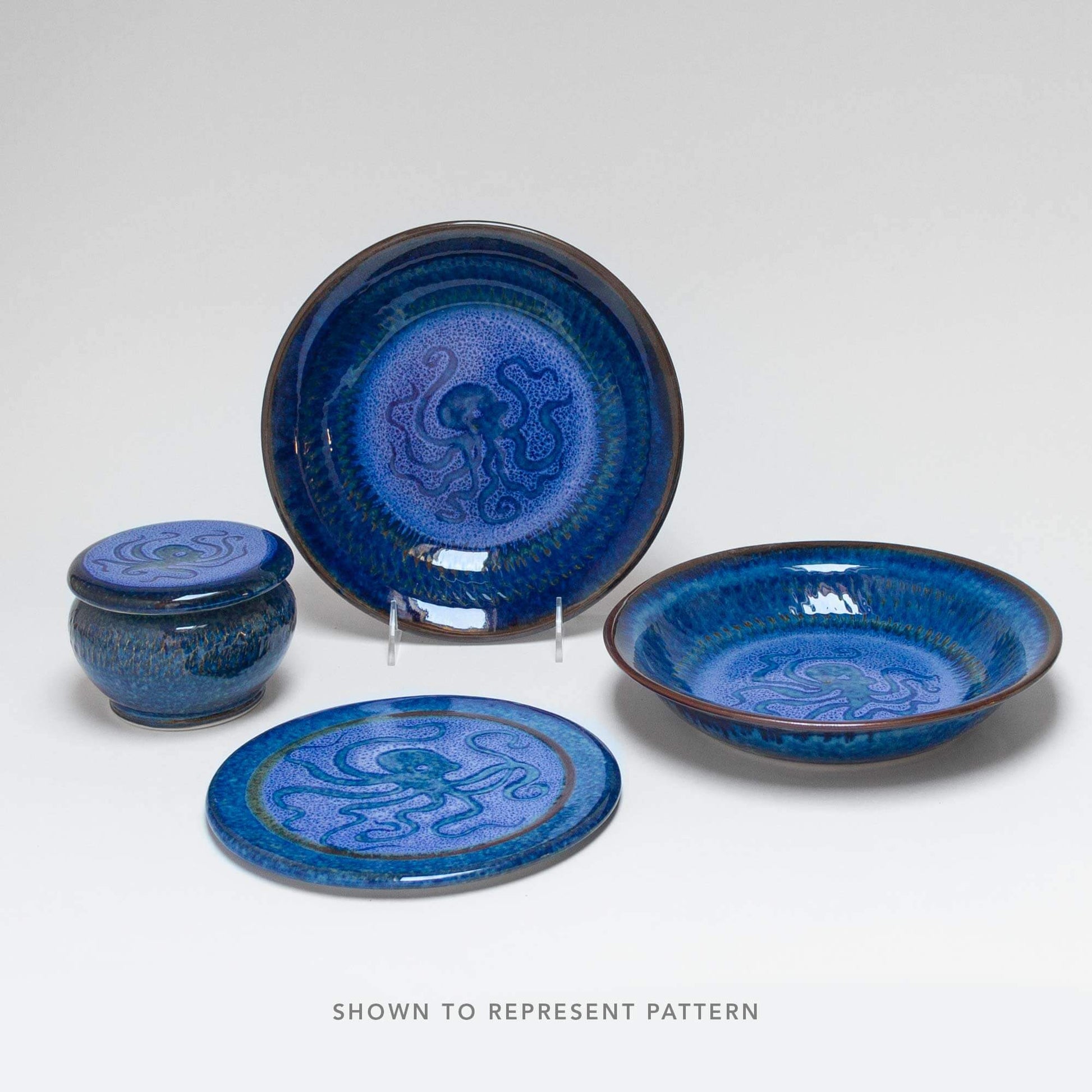 Handmade Pottery Serving Pasta Bowl in Blue Octopus pattern made by Georgetown Pottery in Maine