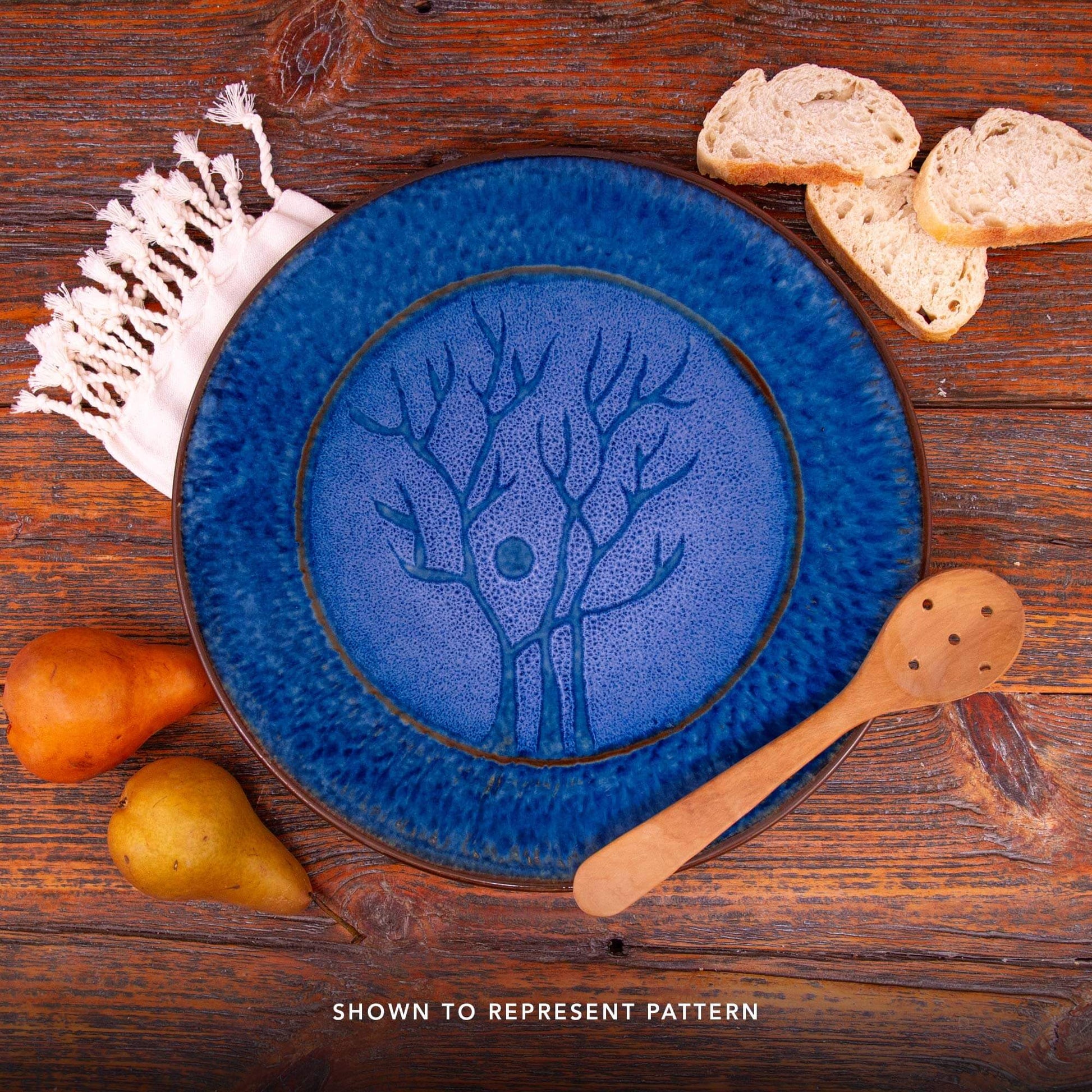 Handmade Pottery Pie Plate in Blue Tree pattern made by Georgetown Pottery in Maine