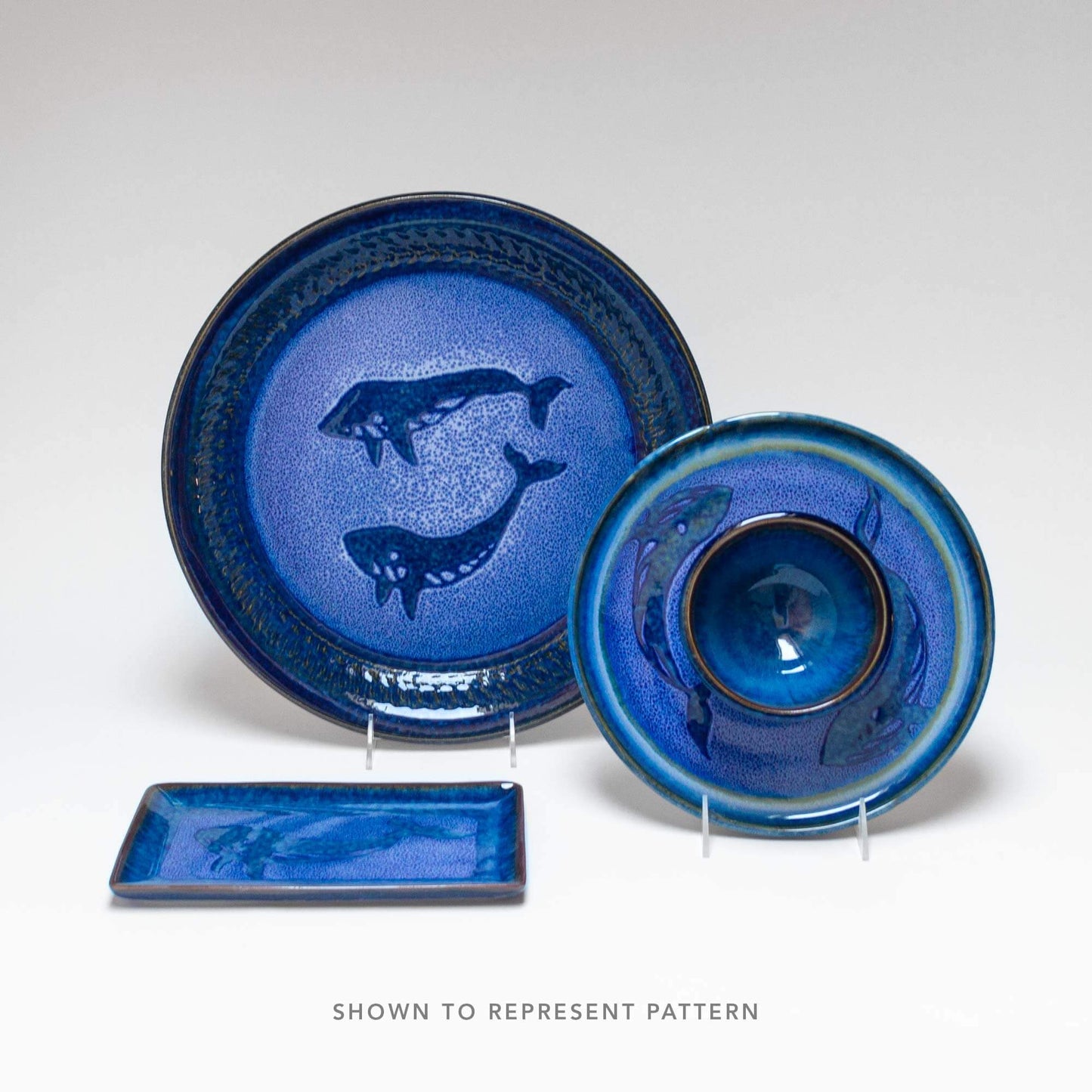 Handmade Pottery Pie Plate in Blue Whale pattern made by Georgetown Pottery in Maine